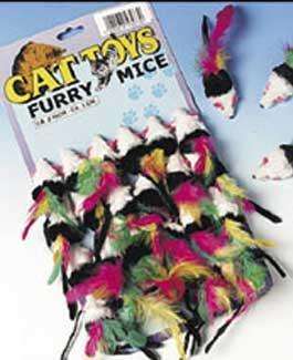 Hračka kočka Myš barevná s pérky 5cm FL 24ks